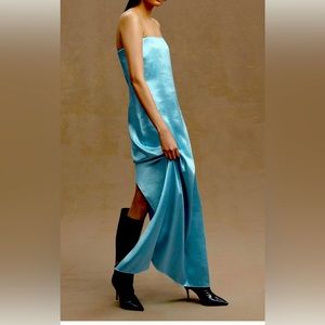 Sachin and Babi Stella Strapless Hammered back-slit satin gown in milky blue